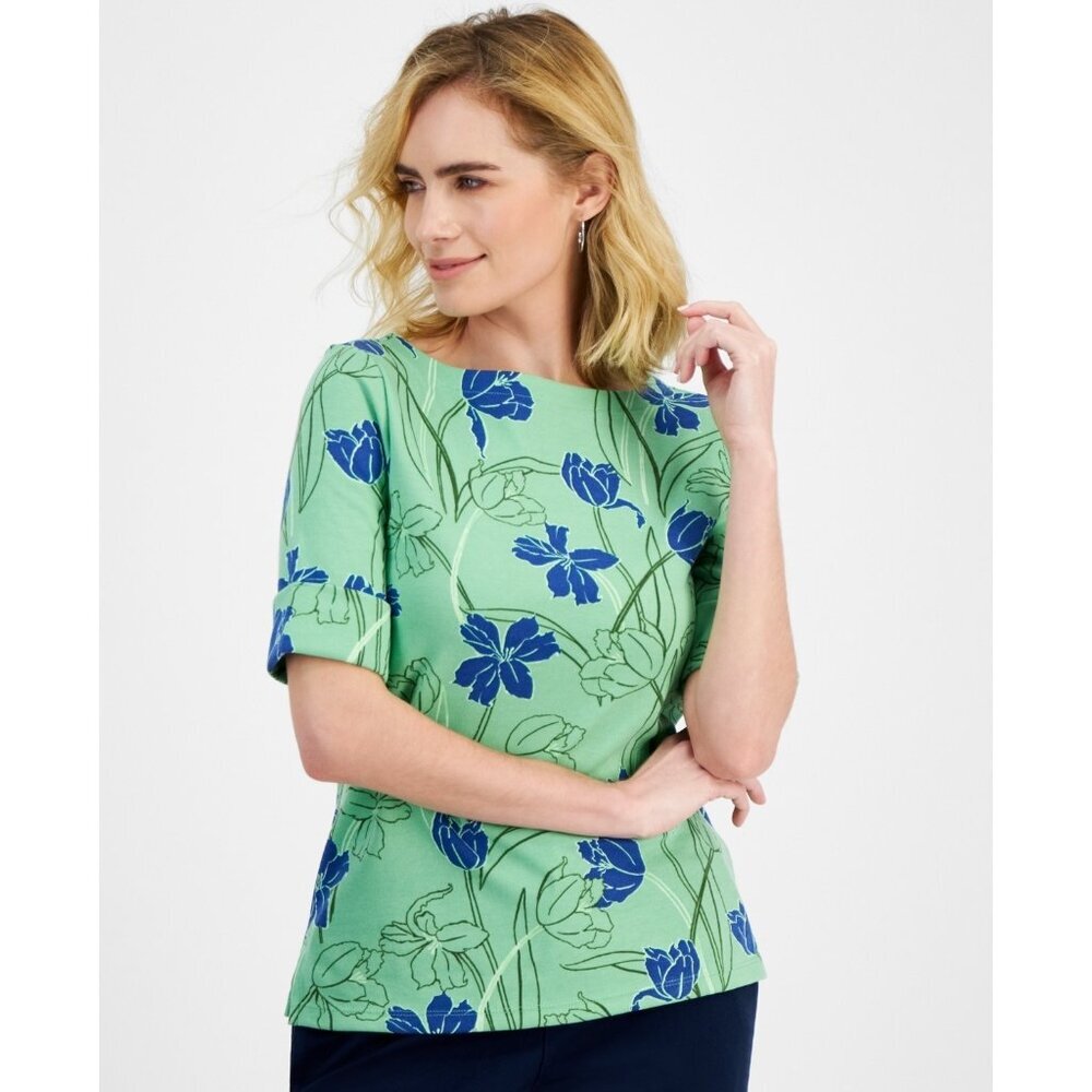 Style & Co Petite Tulip Menagerie Elbow-Sleeve Knit Top Tulip Green Large Petite